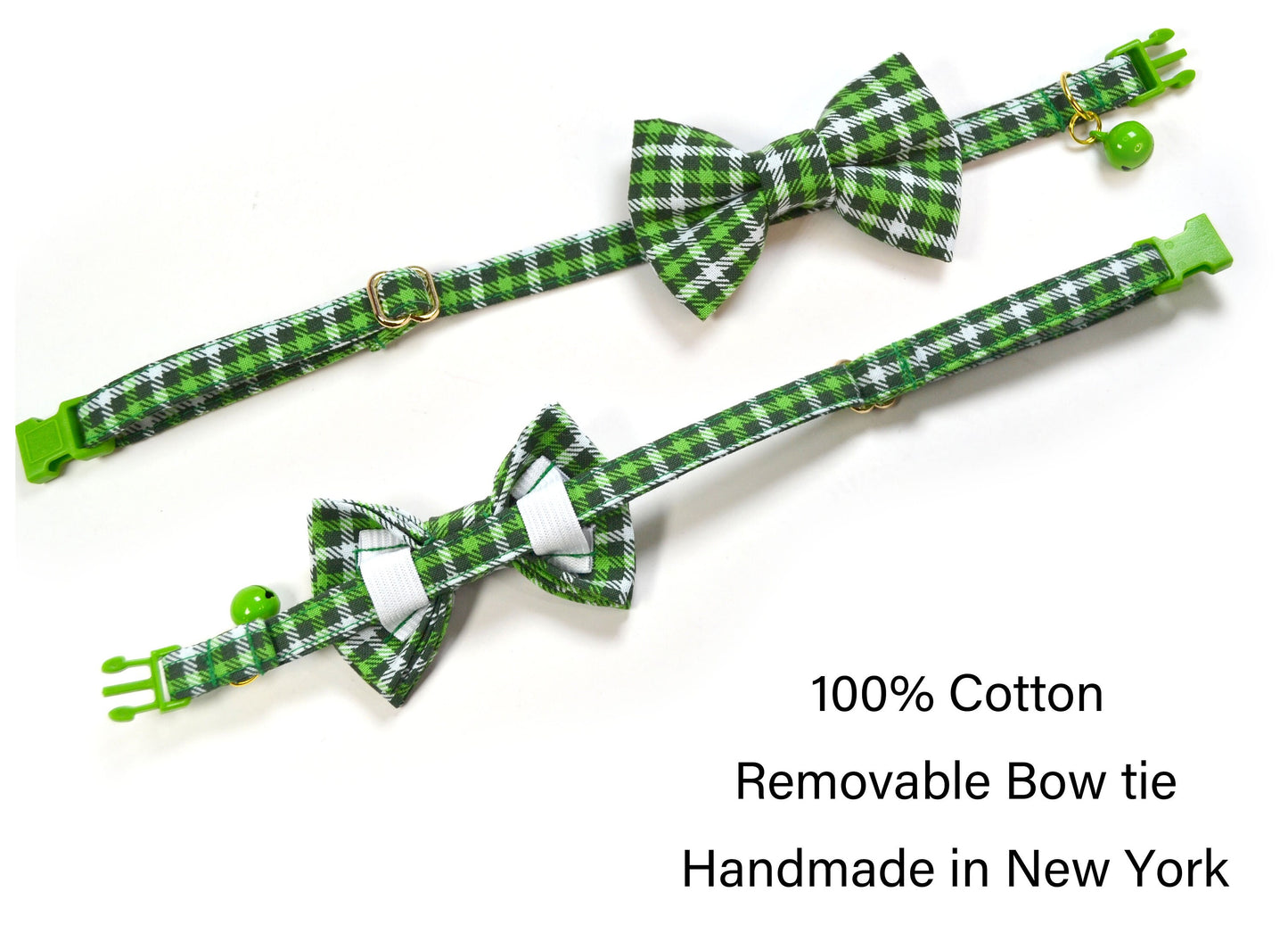 Stylish Green Plaid Cat Bow Tie with Collar for St Patricks DayIrish Events - Breakaway Buckle Bell Included