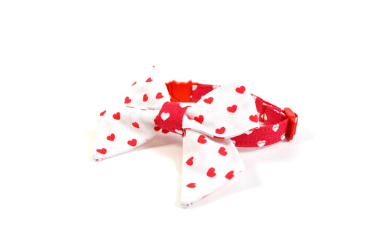 Valentines Day Cat Collar with Red  White Hearts Bow Tie - Breakaway  Quick Release Buckle for Cats Kittens  Small Dogs