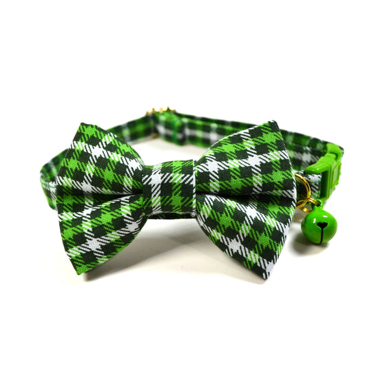 Stylish Green Plaid Cat Bow Tie with Collar for St Patricks DayIrish Events - Breakaway Buckle  Bell Included