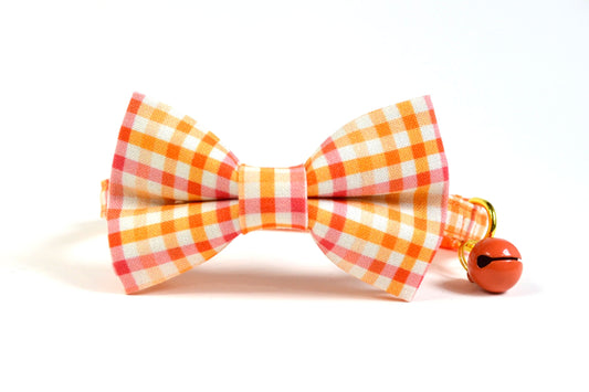 Handmade Orange  Pink Plaid CatKitten Bow Tie Collar with Breakaway Buckle - Perfect for Small Dogs - Unique Gift
