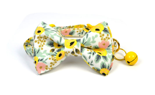 Rosa in Yellow Cat Bow tie, Collar and Pet Tag/Break away Buckle/Quick Release Buckle/Pet lover/Rifle Paper Co